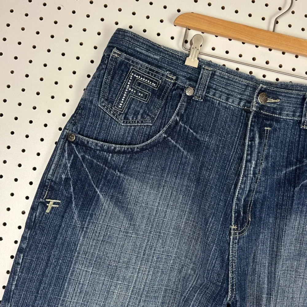 FUBU The Collection Sz 44 Denim Carpenter Shorts Blue Rhinestone Baggy Y2K Work